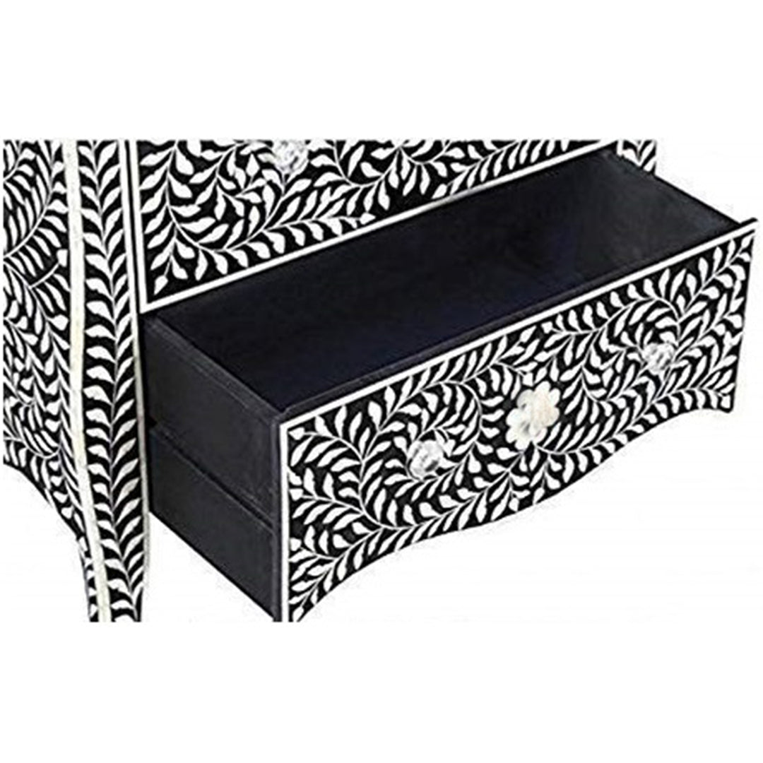 Floral Pattern Bone Inlay Bedside - Black
