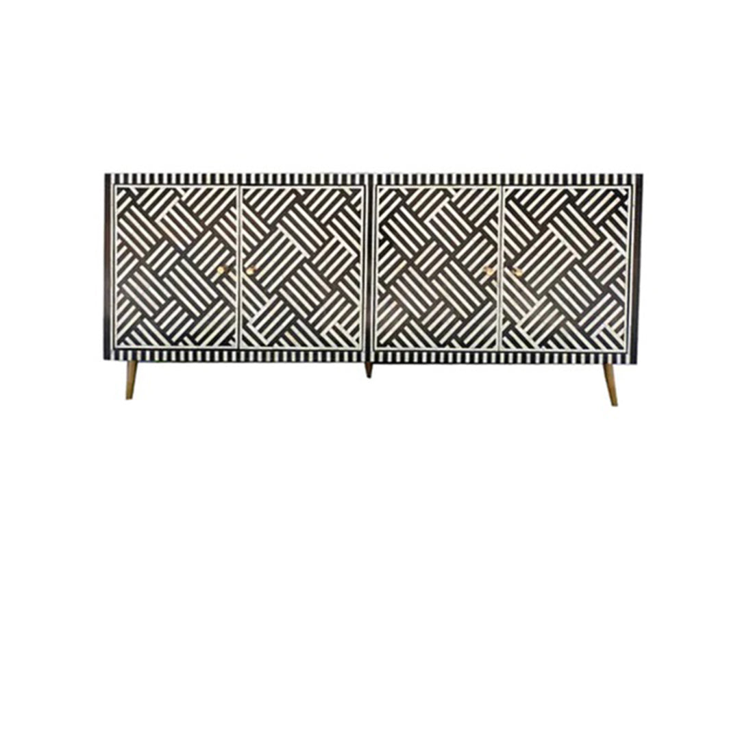 Bone Inlay Chest Of 2 Cabins, Geometric Pattern In Black