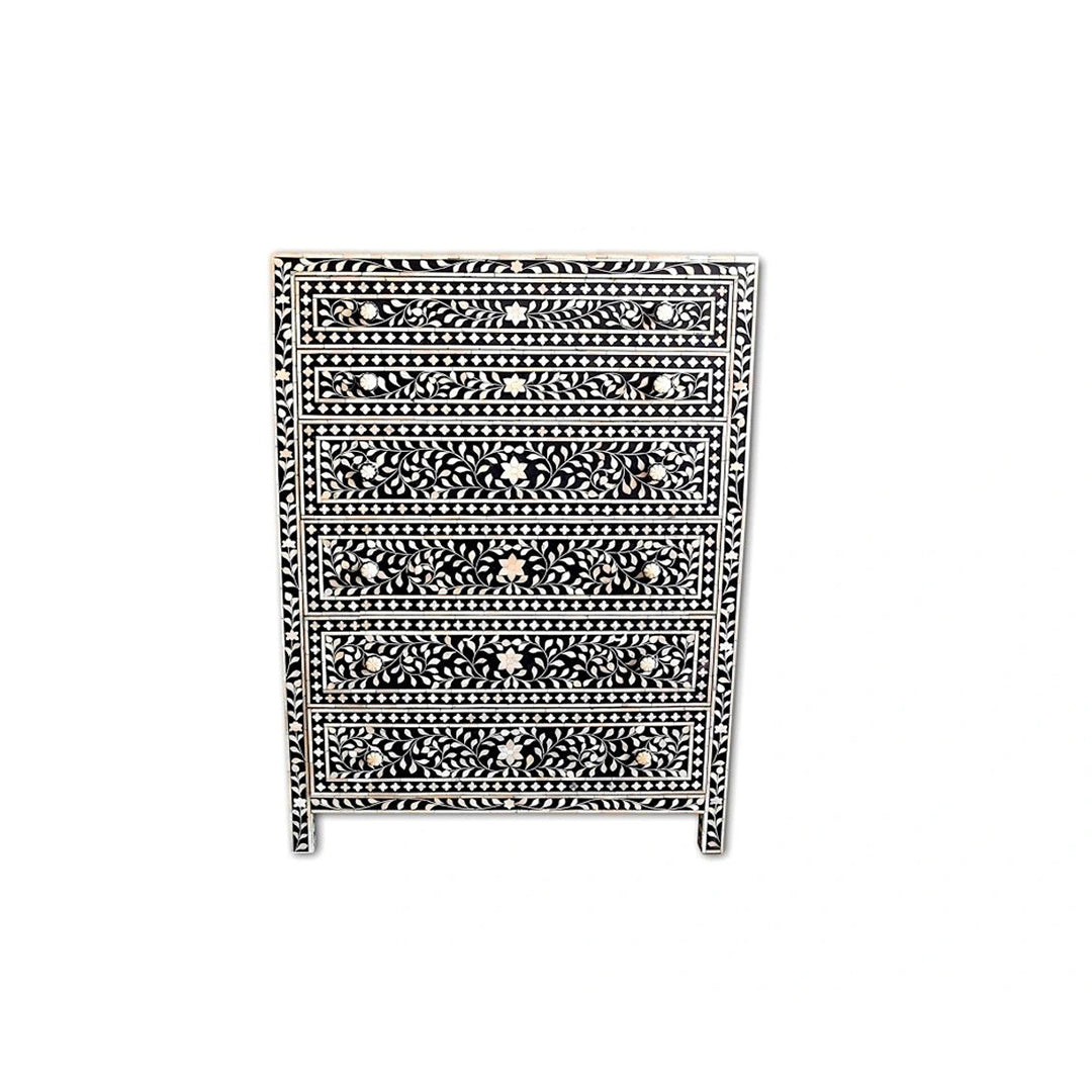 Bone Inlay Chest Of 6 Drawers, Floral Pattern In Black
