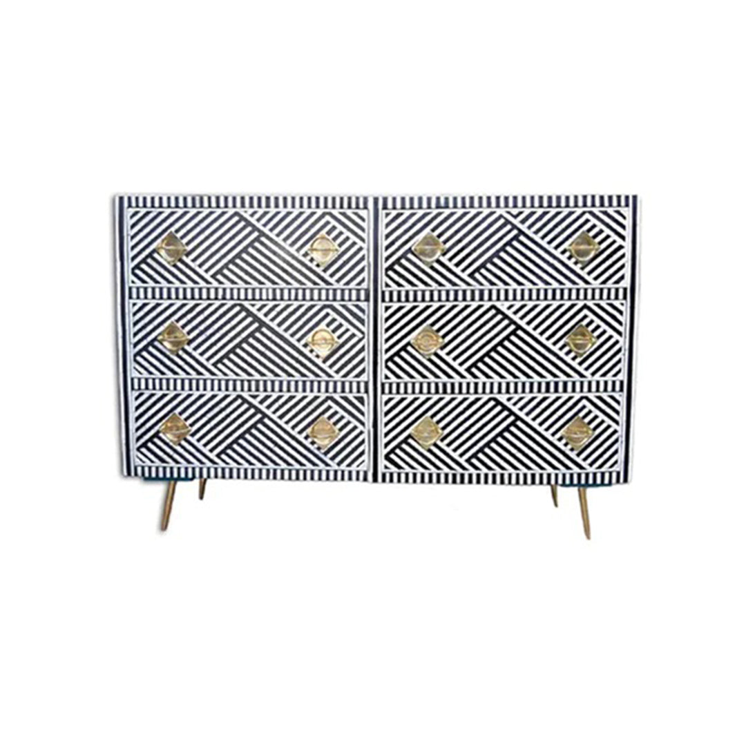 Bone Inlay Chest Of 6 Drawers, Geometric Pattern In Black