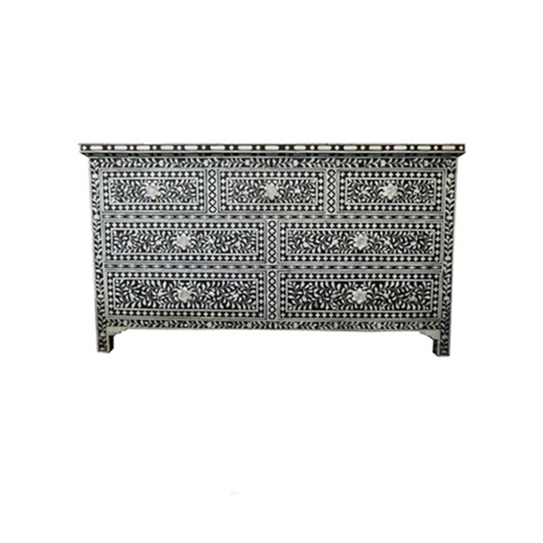 Bone Inlay Chest Of 7 Drawers, Floral Pattern In Black