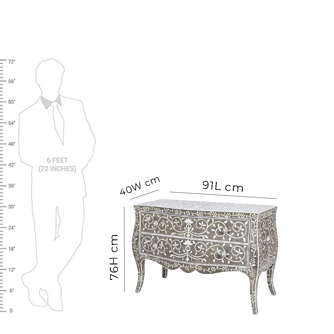 Bone Inlay Chest Of 2 Drawers, Floral Pattern In Black