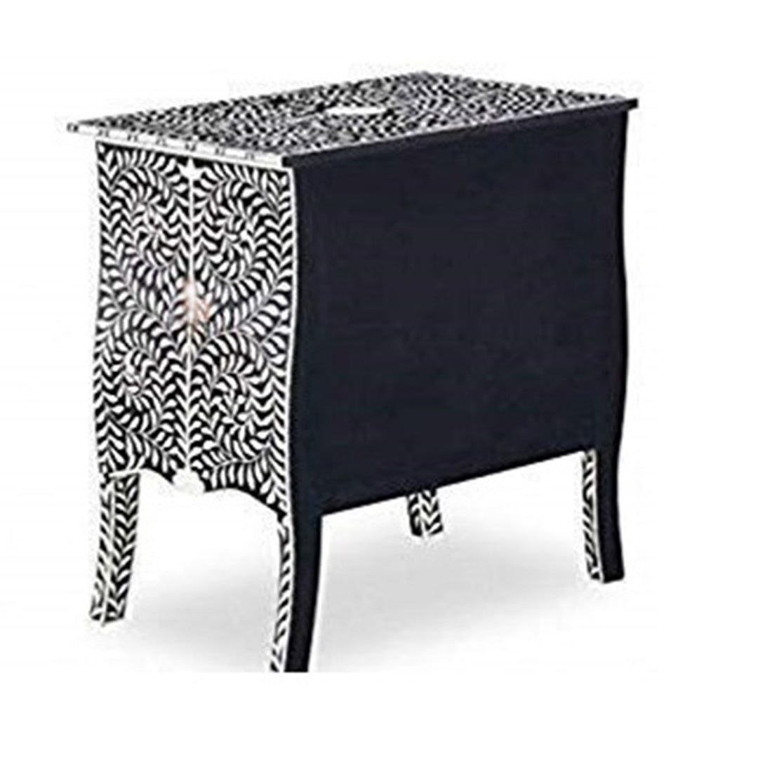 Floral Pattern Bone Inlay Bedside - Black