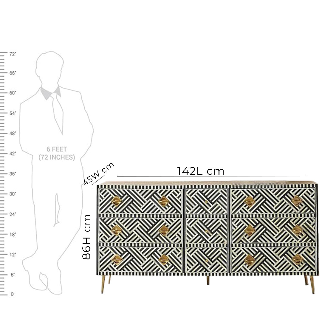 Bone Inlay Chest Of 9 Drawers Optical Pattern In Black