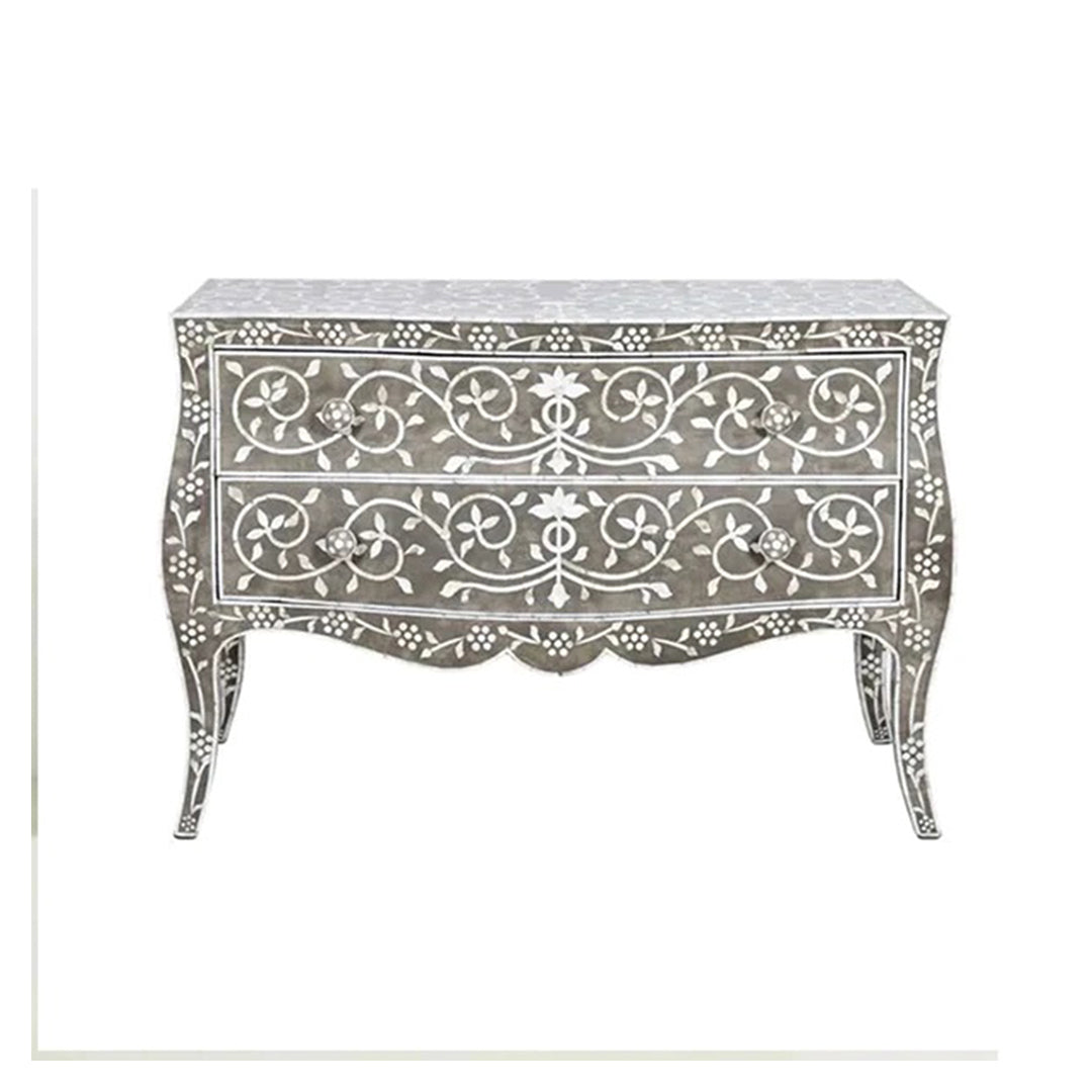 Bone Inlay Chest Of 2 Drawers, Floral Pattern In Black
