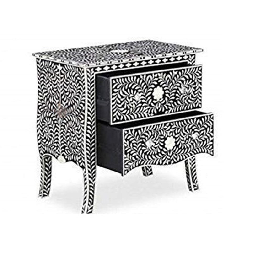 Floral Pattern Bone Inlay Bedside - Black