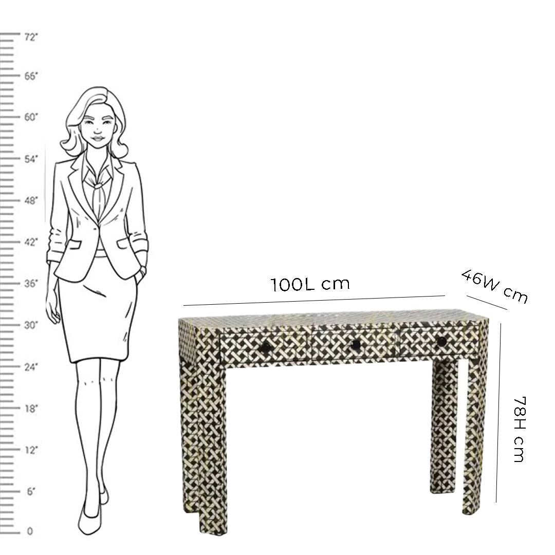 HANDMADE BLACK BONE INLAY CONSOLE TABLE IN GEOMETRICAL MESH DESIGN