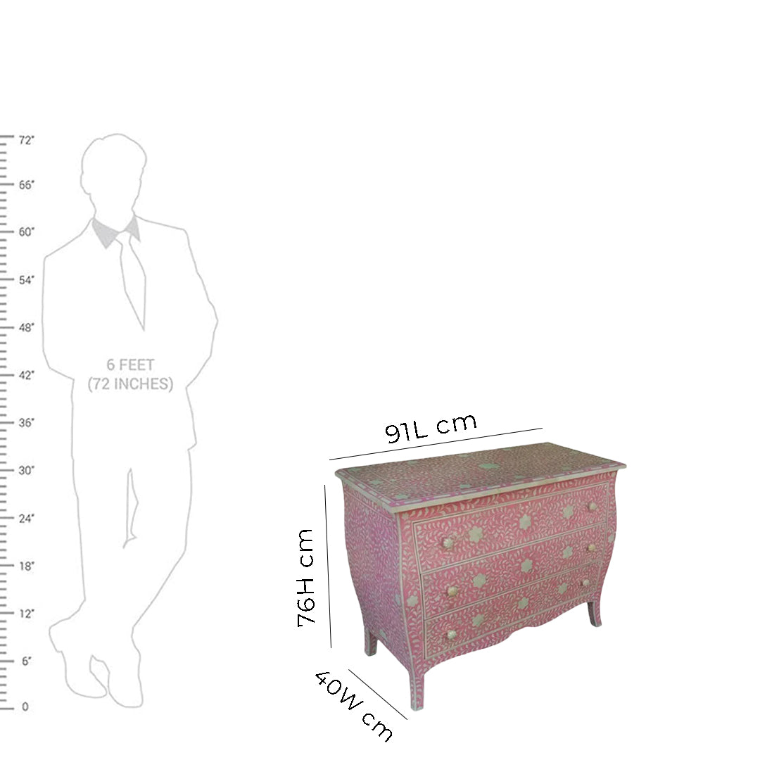 Bone Inlay Chest Of 3 Drawers, Floral Vintage Pattern In Pink