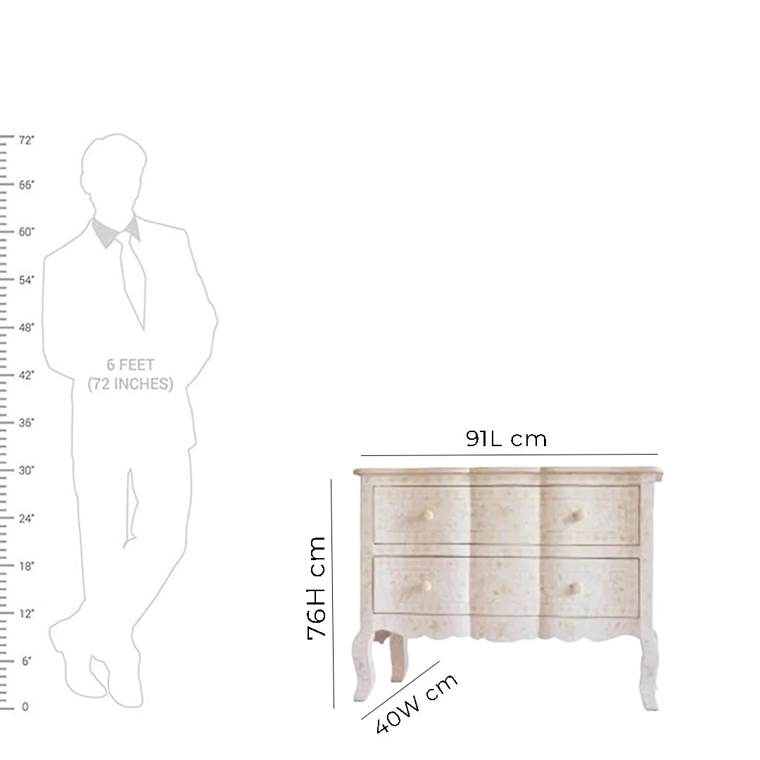 Bone Inlay Chest Of 2 Drawers, Floral Vintage Pattern In White