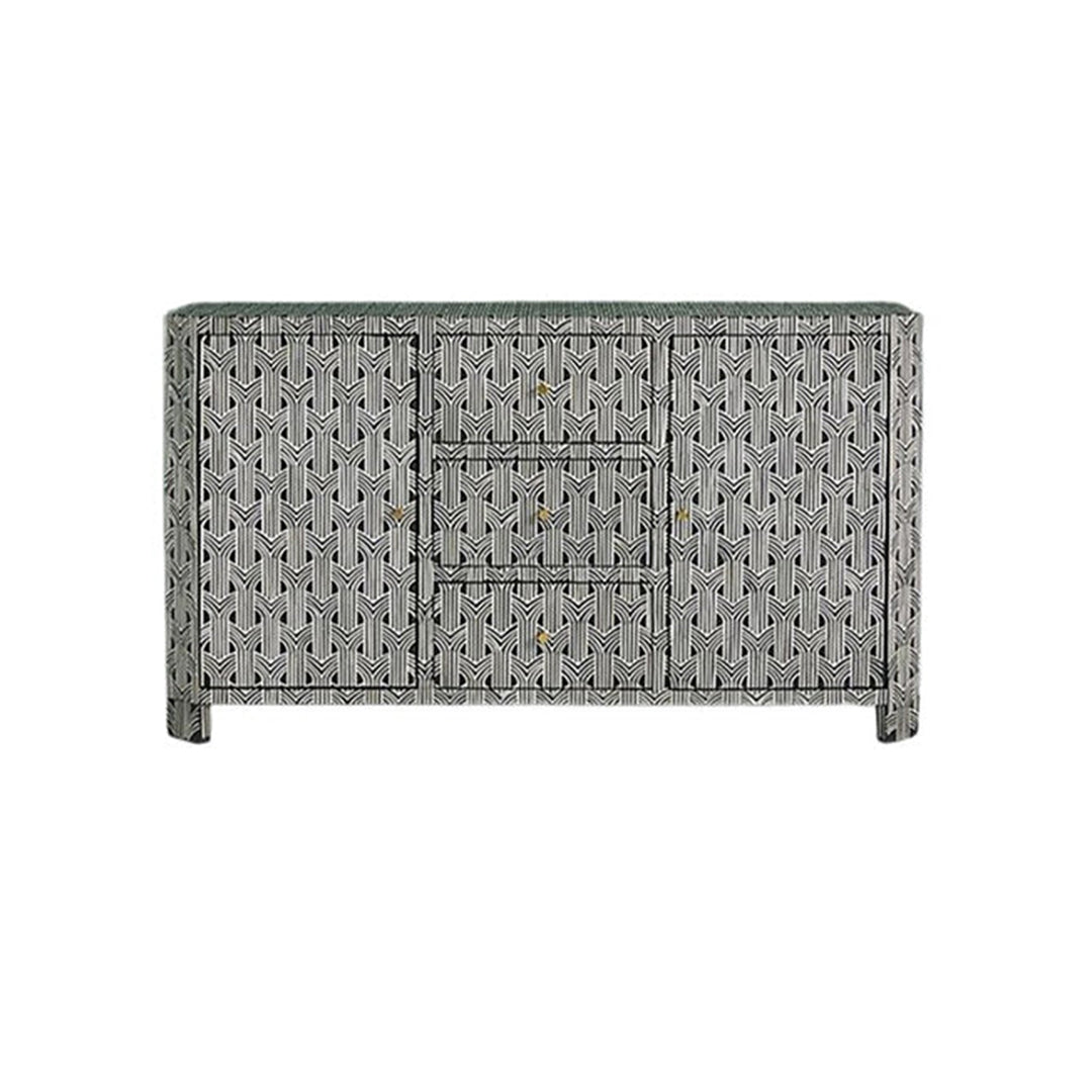 Bone Inlay Chest Of 2 Doors And 3 Drawers, Geometric Pattern In Black