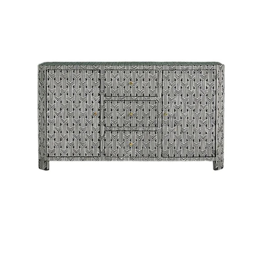 Bone Inlay Chest Of 2 Doors And 3 Drawers, Geometric Pattern In Black