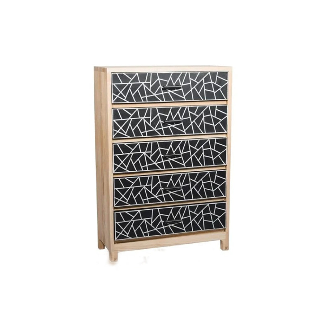 Bone Inlay Chest Of 5 Drawers, Geometric Pattern In Black