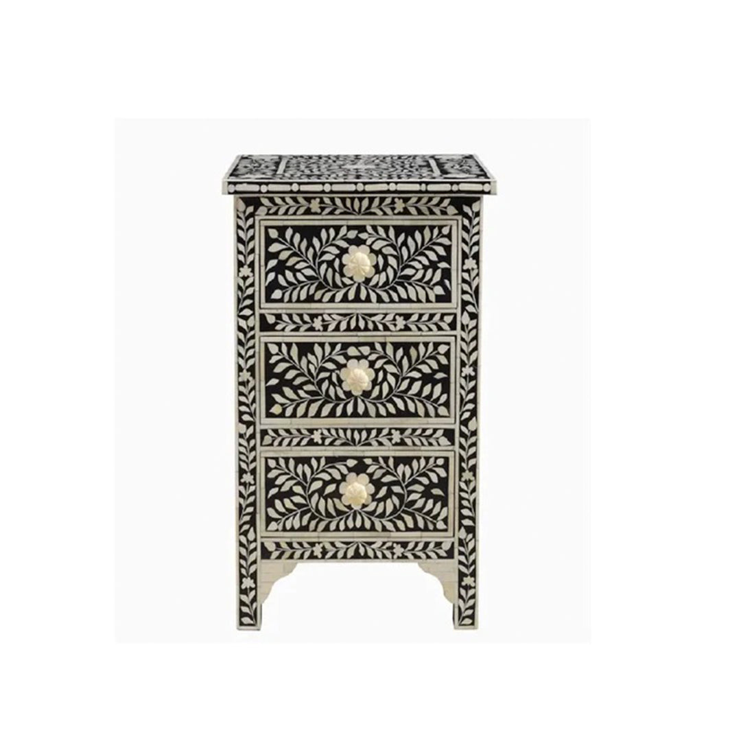Bone Inlay Floral 3 Drawer Bedside Table - Black