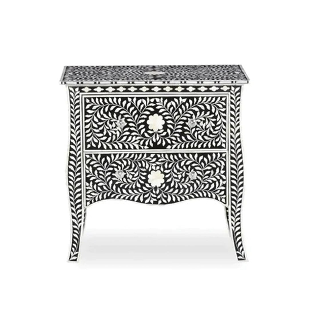 Floral Pattern Bone Inlay Bedside - Black
