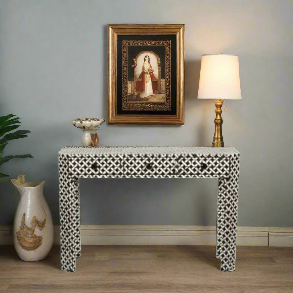 HANDMADE BLACK BONE INLAY CONSOLE TABLE IN GEOMETRICAL MESH DESIGN