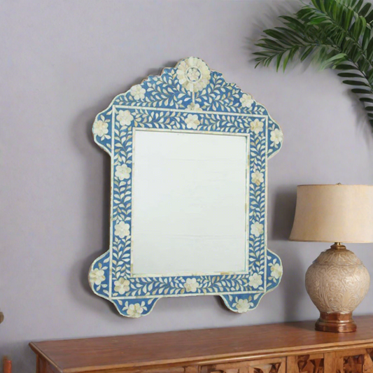 BLUE MOTHER OF PEARL INLAY FLOWER PATTERN MIRROR FRAME