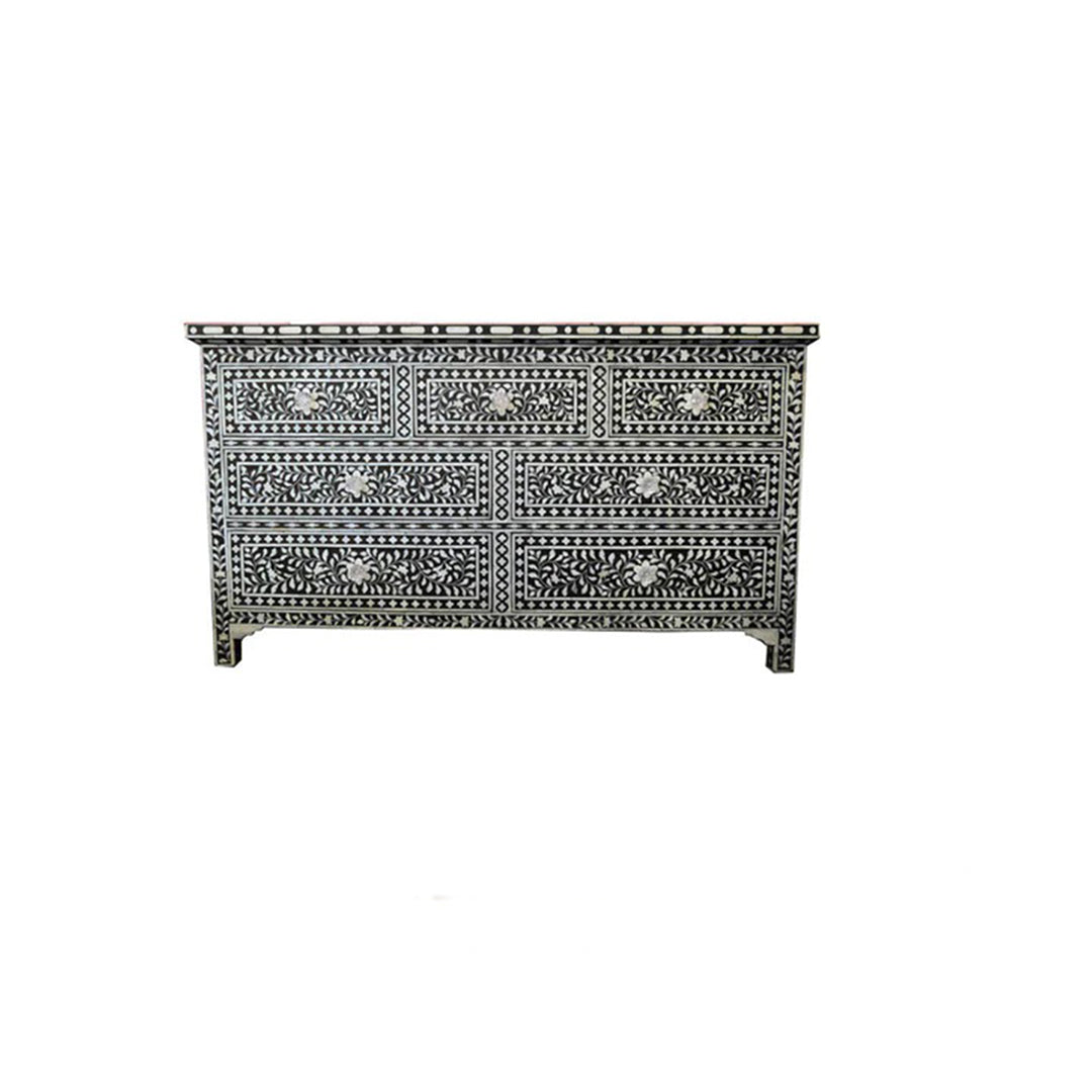 Bone Inlay Chest Of 7 Drawers, Floral Pattern In Black