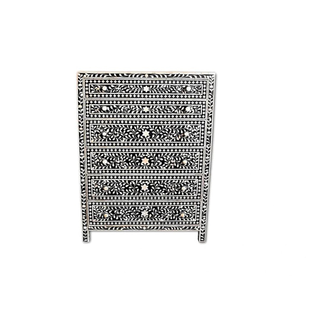 Bone Inlay Chest Of 6 Drawers, Floral Pattern In Black