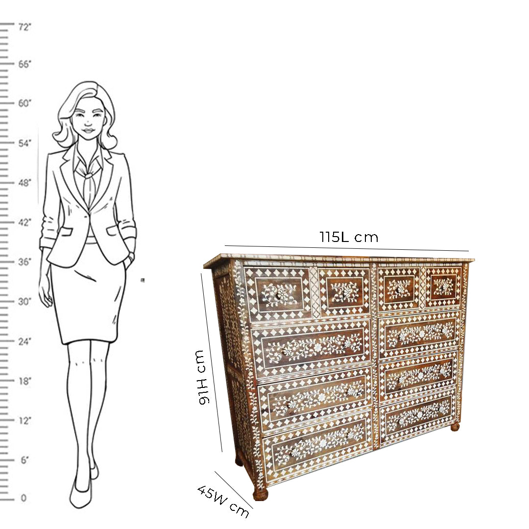 Handcrafted Antique Bone Inlay Chest of 10 Drawers