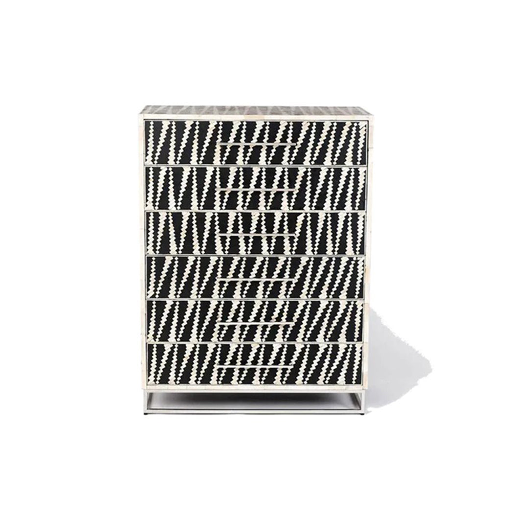 Bone Inlay Chest Of 6 Drawers, Geometric Pattern In Black