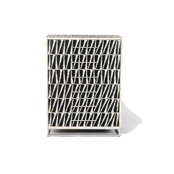 Bone Inlay Chest Of 6 Drawers, Geometric Pattern In Black