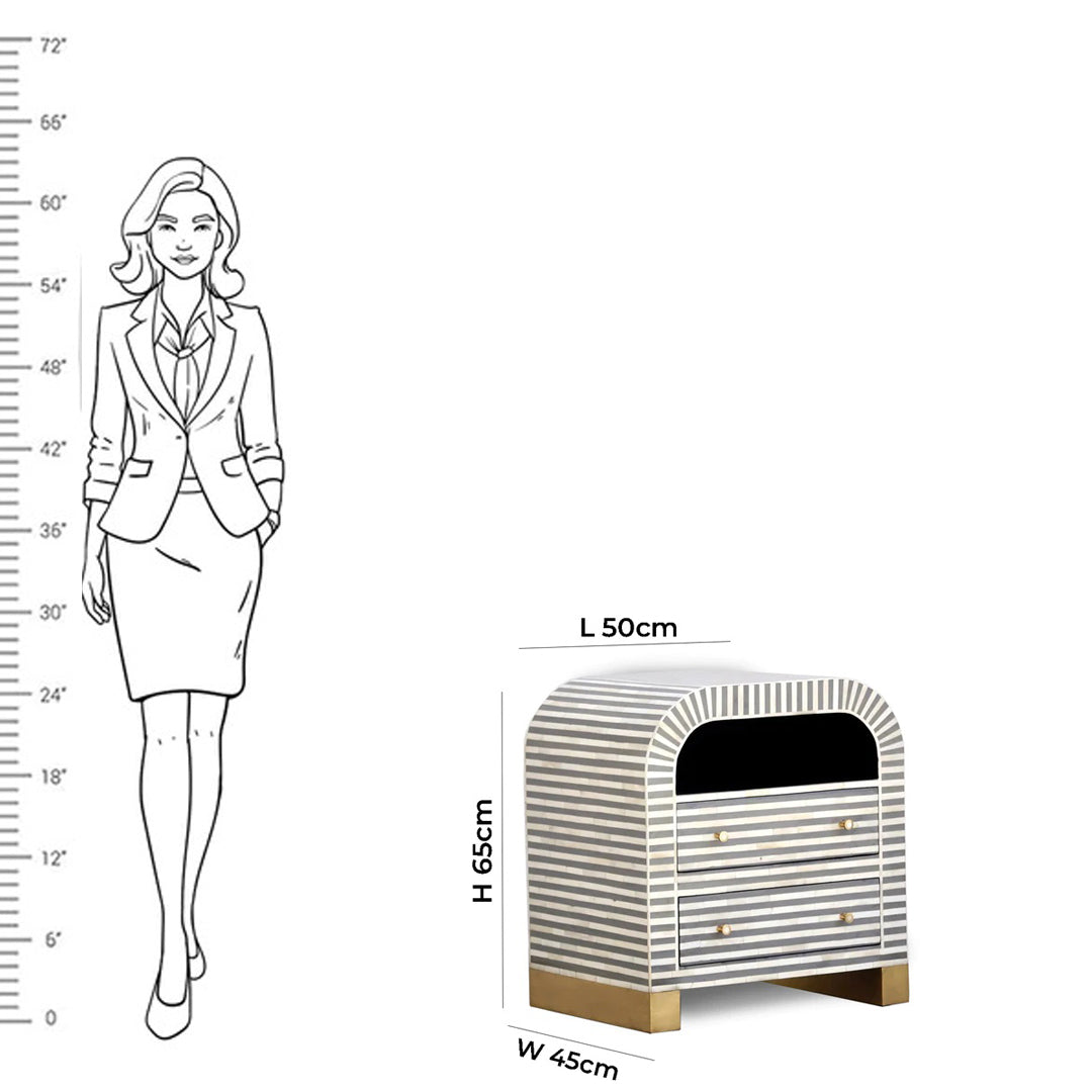 Bone Inlay Curved Bedside Table - Stripe Pattern