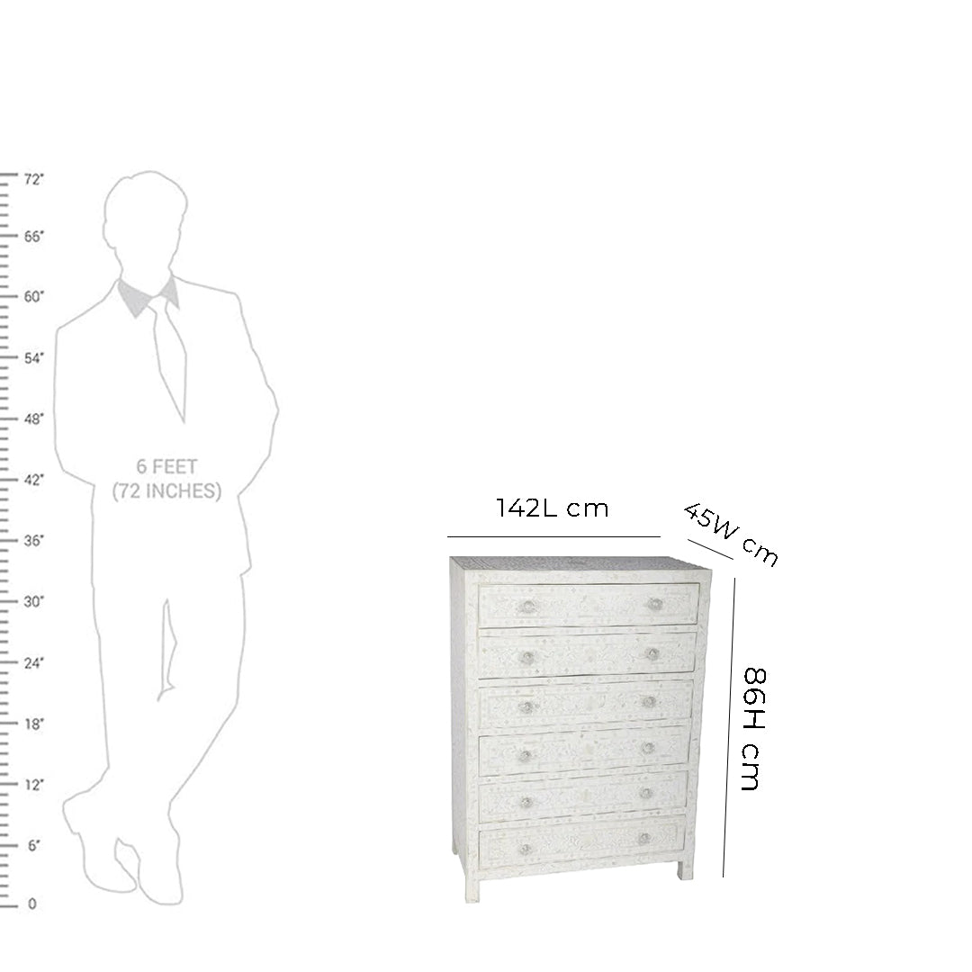 Bone Inlay Chest Of 6 Drawers, Floral Pattern In White