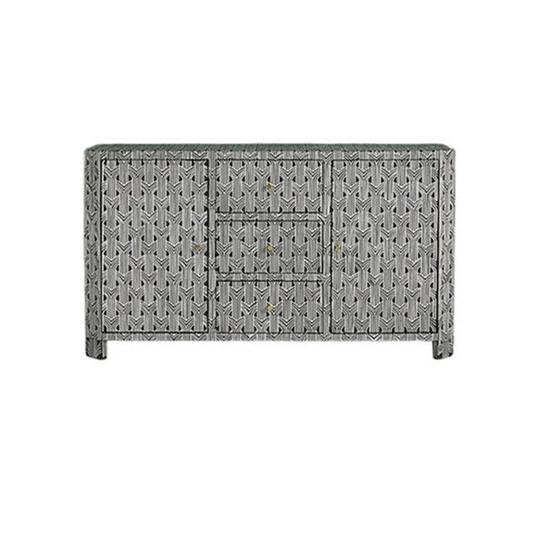 Bone Inlay Chest Of 2 Doors And 3 Drawers, Geometric Pattern In Black
