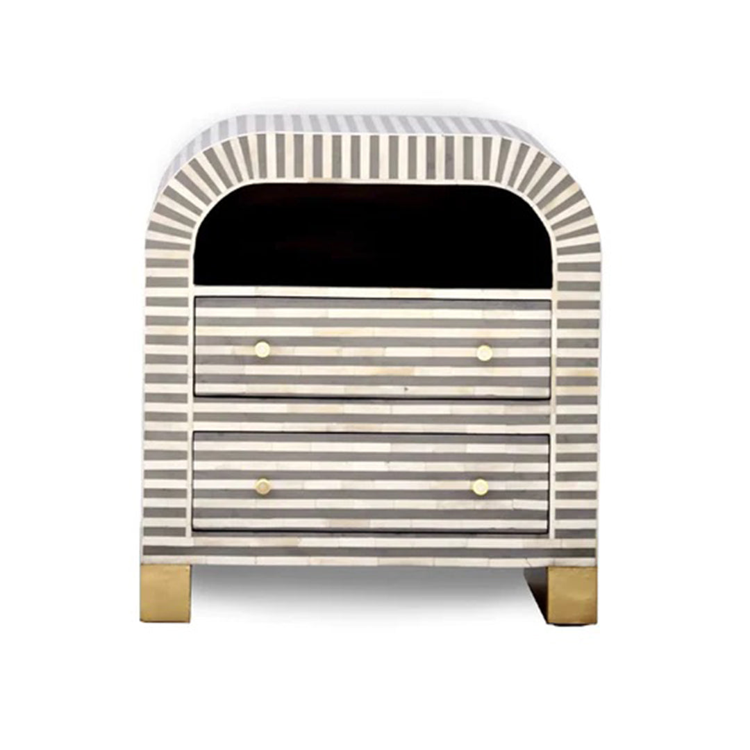Bone Inlay Curved Bedside Table - Stripe Pattern