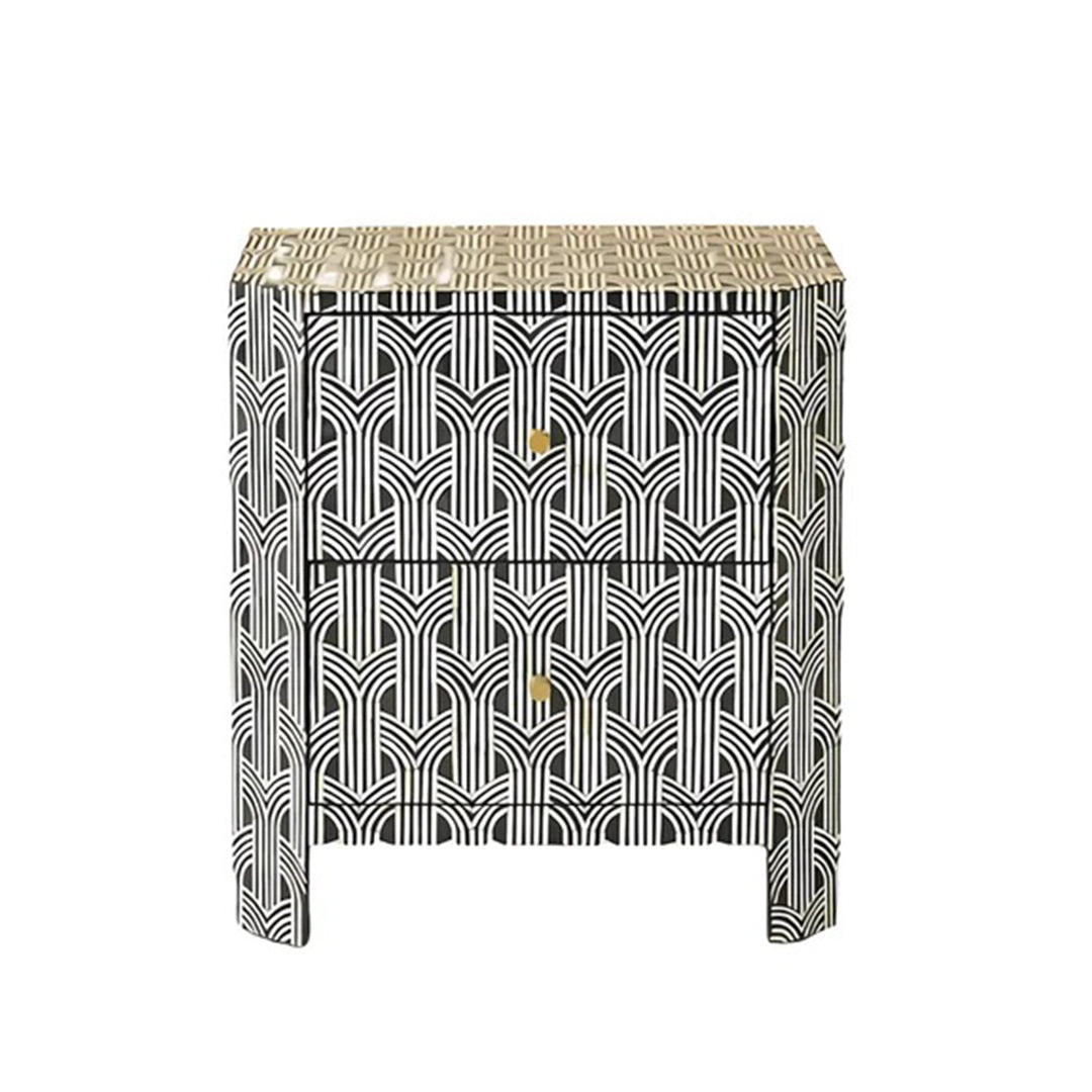 Handmade Geometric Pattern Bone Inlay Bedside Table - Black