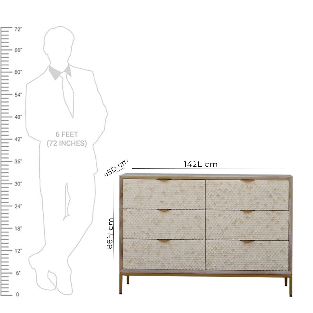 Bone Inlay Chest Of 6 Drawers, Fish Scale Pattern In White