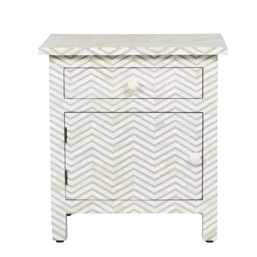Bone Inlay Chevron Pattern Bedside Table - Grey
