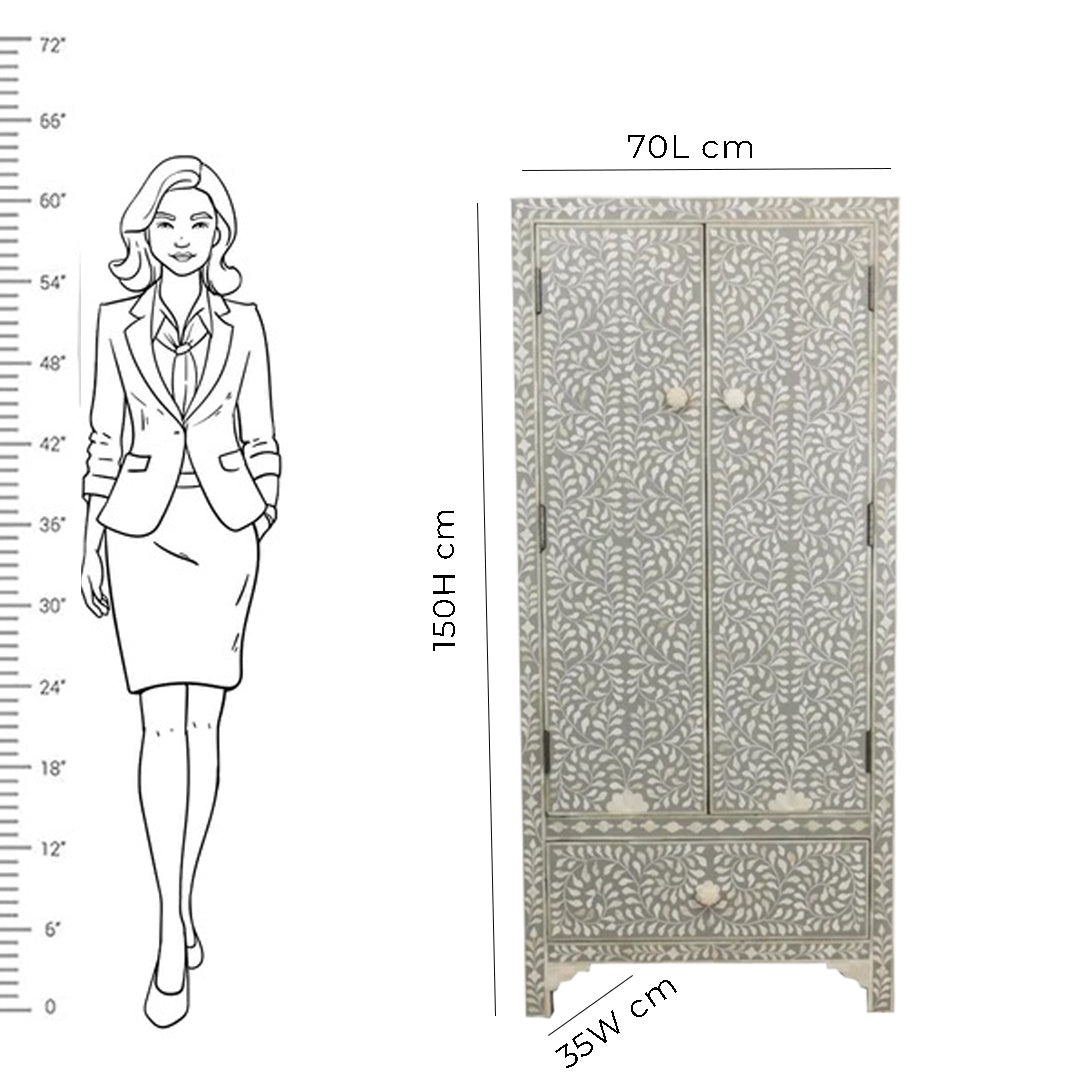 Handmade Floral Bone Inlay Two Door And One Drawer Almirah / Wardrobe /Armories Best For Home Decor