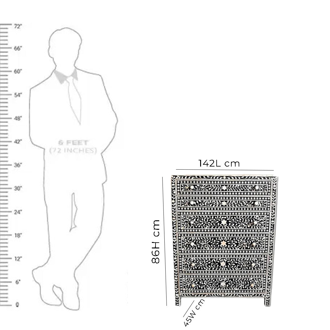 Bone Inlay Chest Of 6 Drawers, Floral Pattern In Black