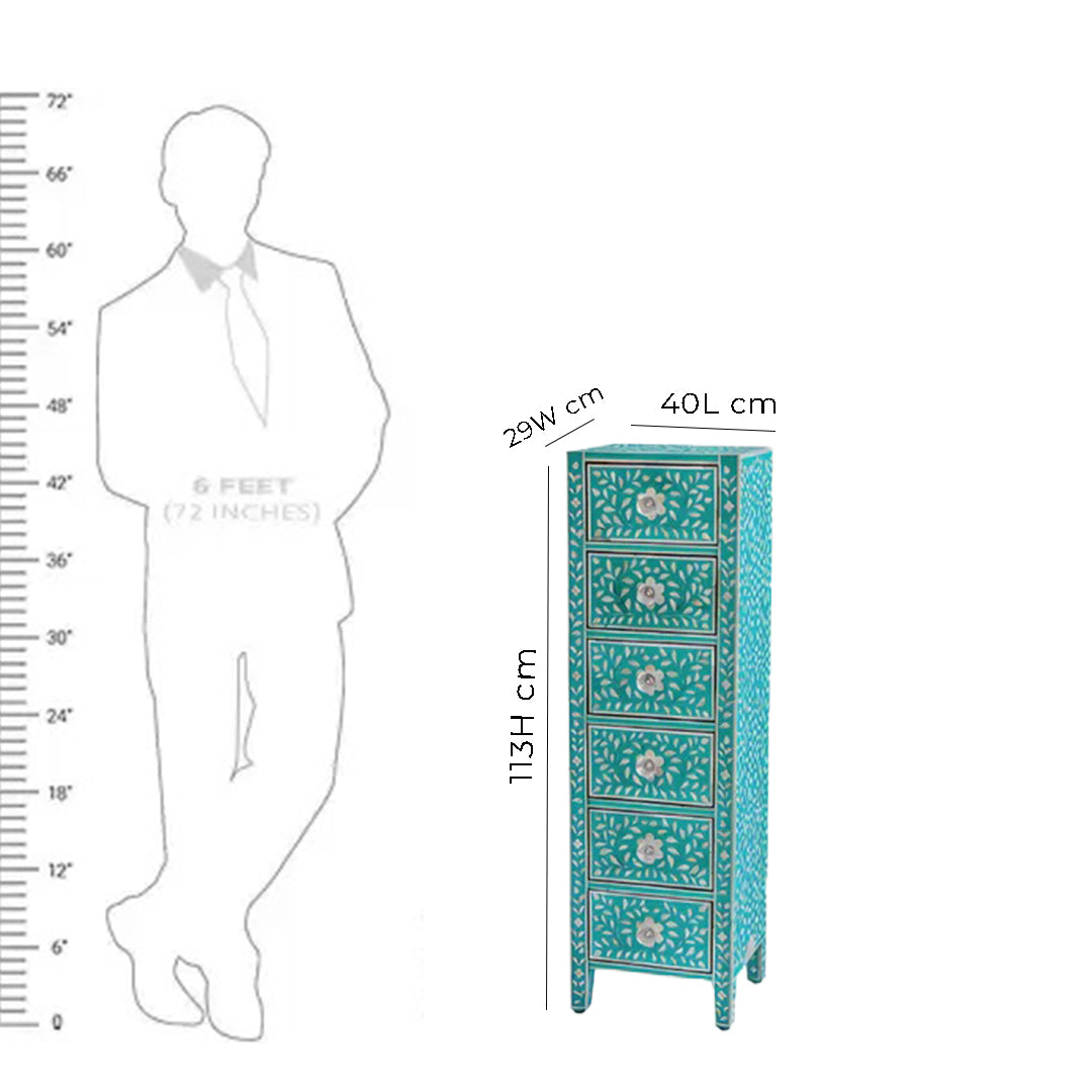 Bone Inlay Chest Of 6 Drawers Tall Boy In Teal Green Color