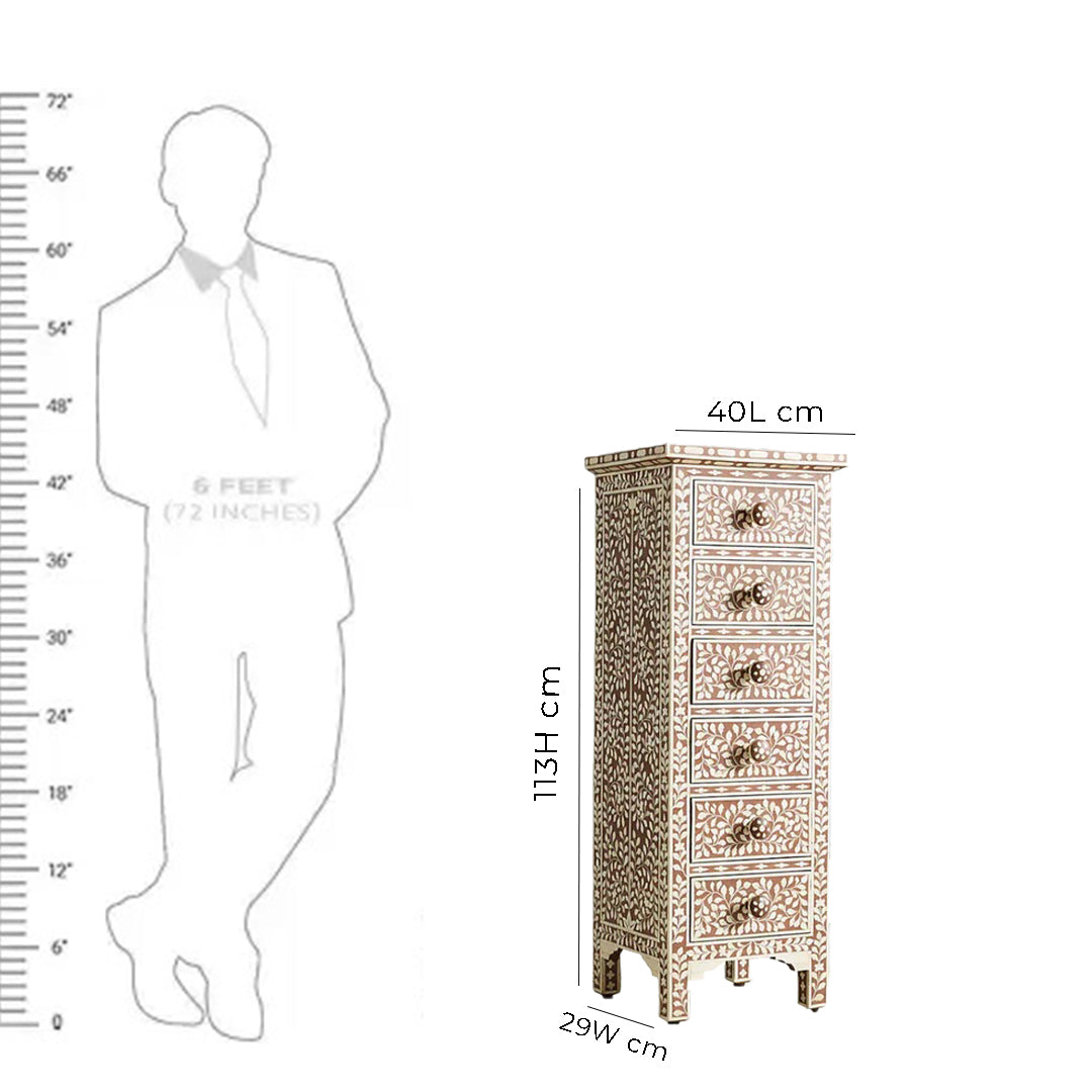 Bone Inlay Chest Of 6 Drawers Tall Boy In Floral Pattern Brown Color