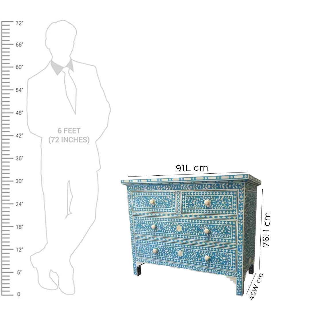 Bone Inlay Chest Of 4 Drawers , Floral Pattern In Indigo