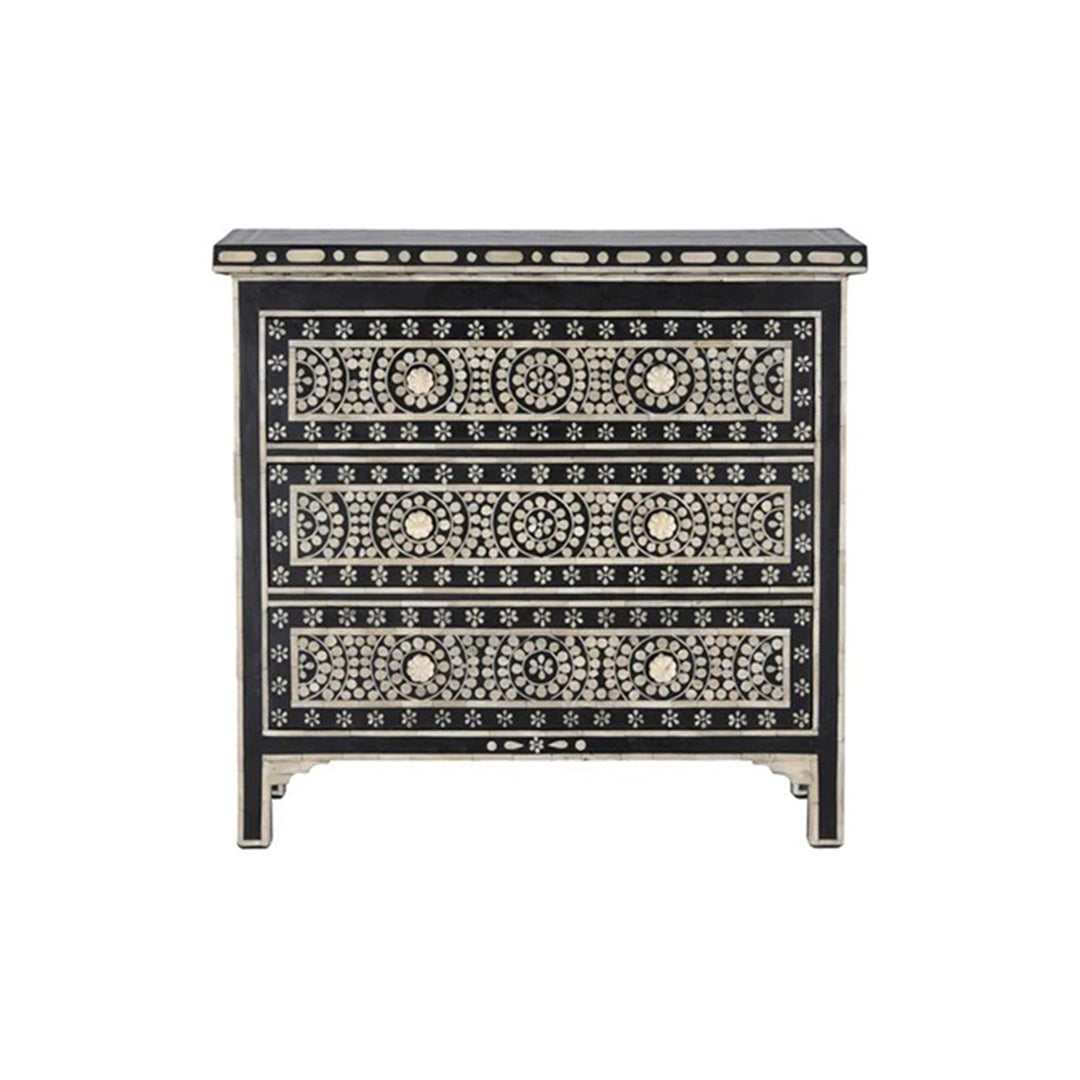 Bone Inlay Chest Of 3 Drawers, Geometric Pattern In Black
