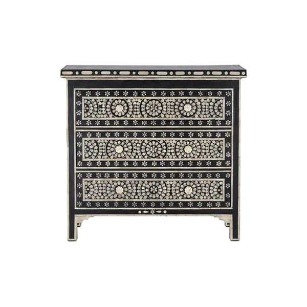 Bone Inlay Chest Of 3 Drawers, Geometric Pattern In Black