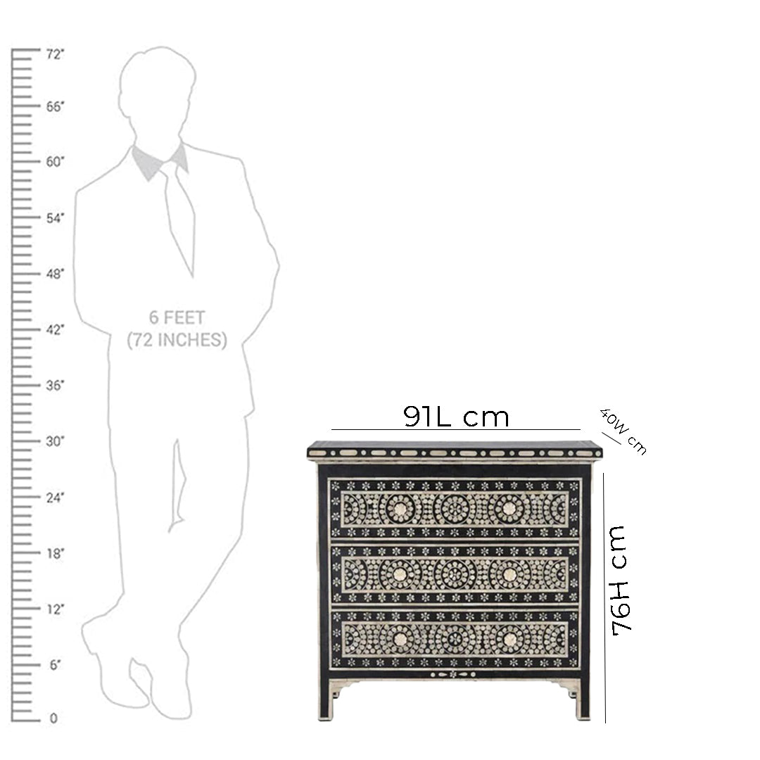 Bone Inlay Chest Of 3 Drawers, Geometric Pattern In Black