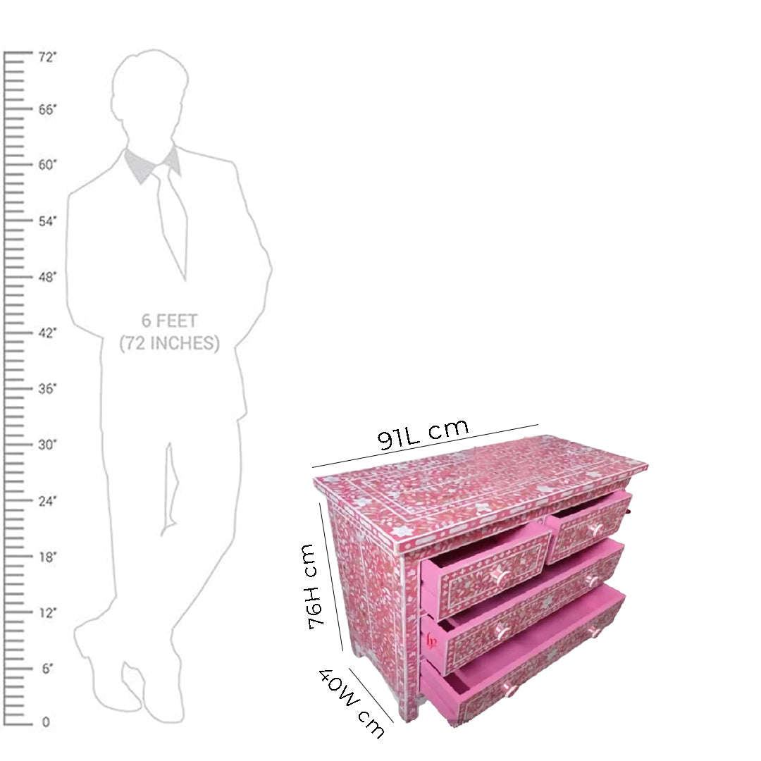 Bone Inlay Chest Of 4 Drawers , Floral Pattern In pink