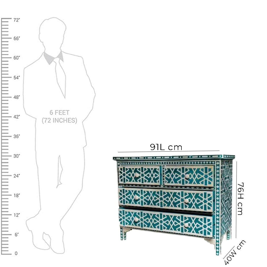Bone Inlay Chest Of 4 Drawers , Geometric Pattern In Indigo