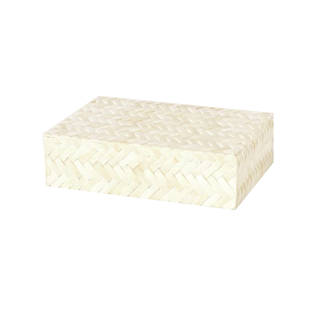 Modern lifestyle image of a white bone inlay jewelry box for vanity and home décor