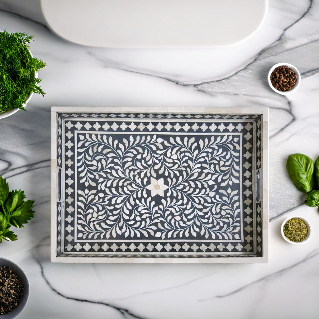 Bone Inlay Tray in Floral pattern Tray Design