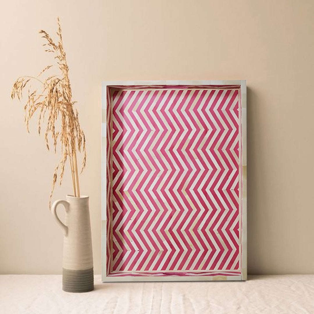 Bone Inlay Tray in Geometrical and Floral Tray Design - Pink