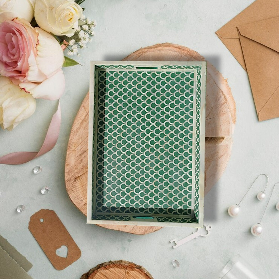Bone Inlay Tray in Fish Scale pattern Tray Design - Green