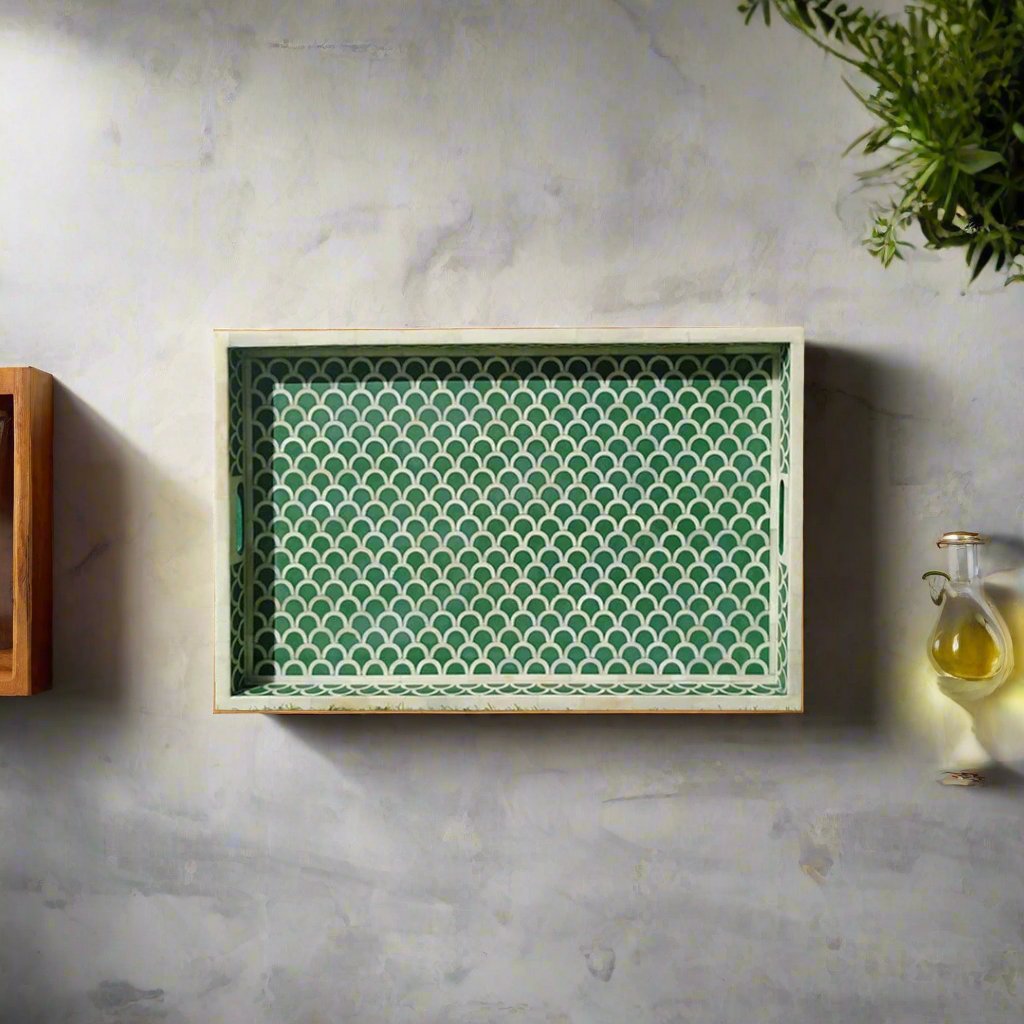 Bone Inlay Tray in Fish Scale pattern Tray Design - Green