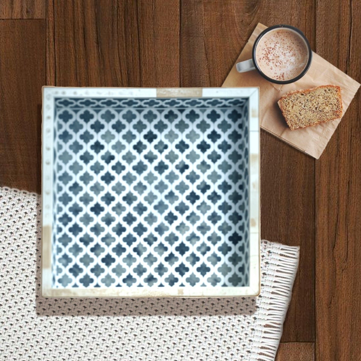 Bone Inlay Tray in geometrical and floral Design - Blue