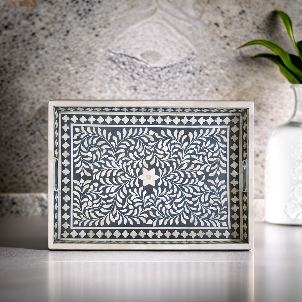 Bone Inlay Tray in Floral pattern Tray Design