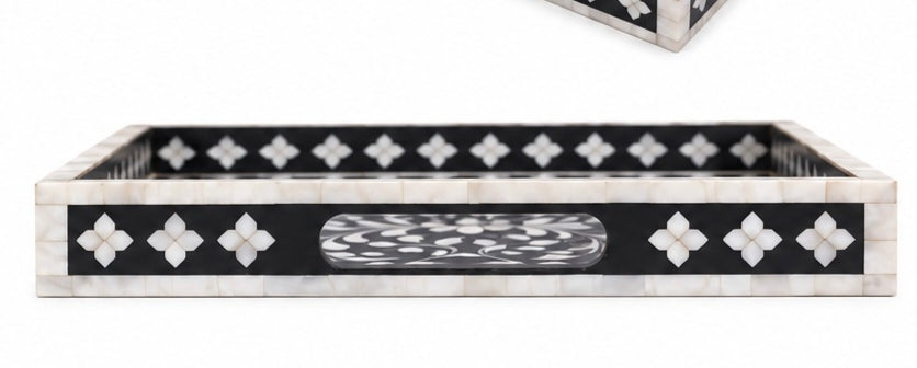 Luxury Black Mother of Pearl Rectangular Serving Tray with Floral Inlay